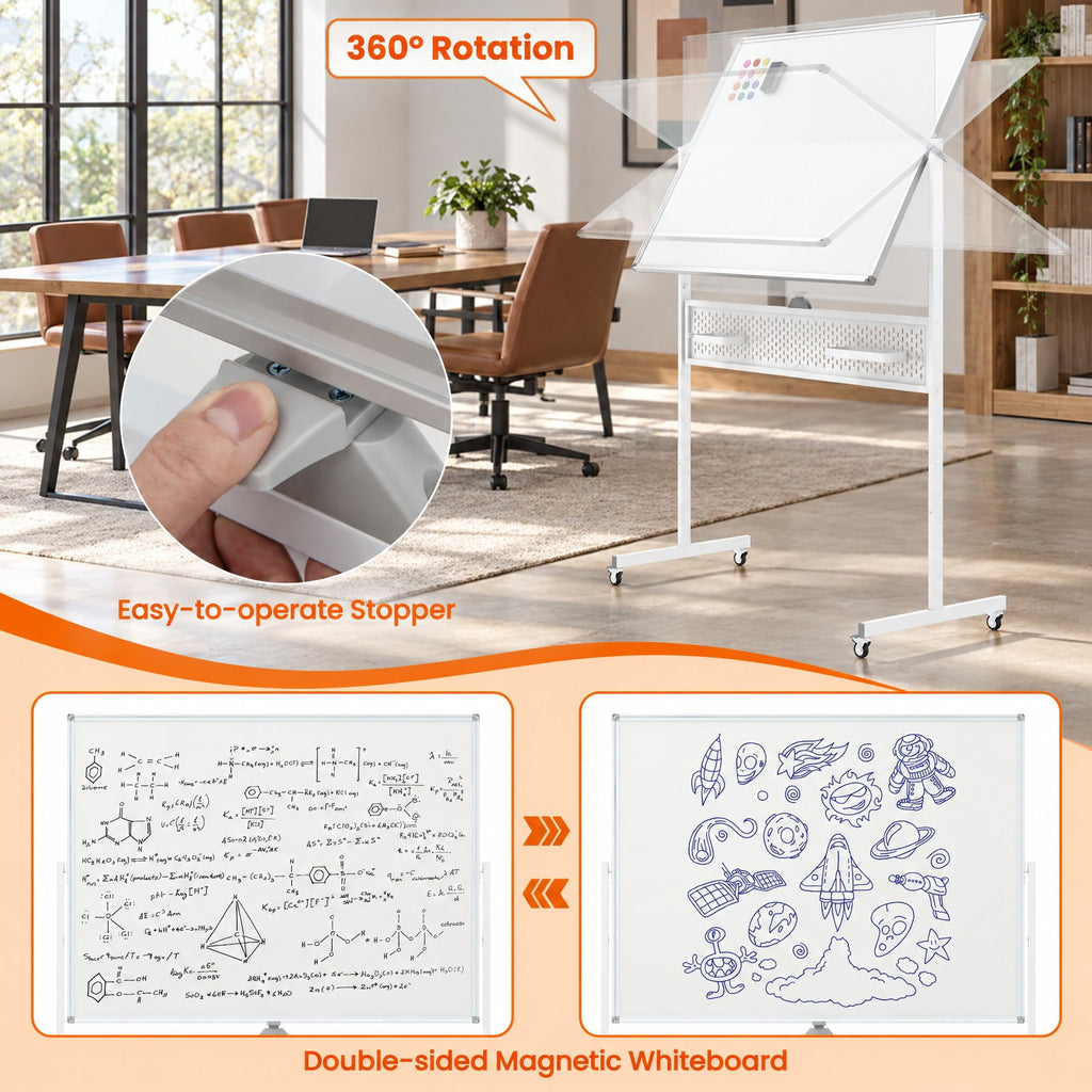 Airfind Mobile Whiteboard Adjustable Double-Sided Magnetic Board with Pegboard, Metal Aluminum Alloy PU Frame, 50 x 22 x 65.7 Footprint, White