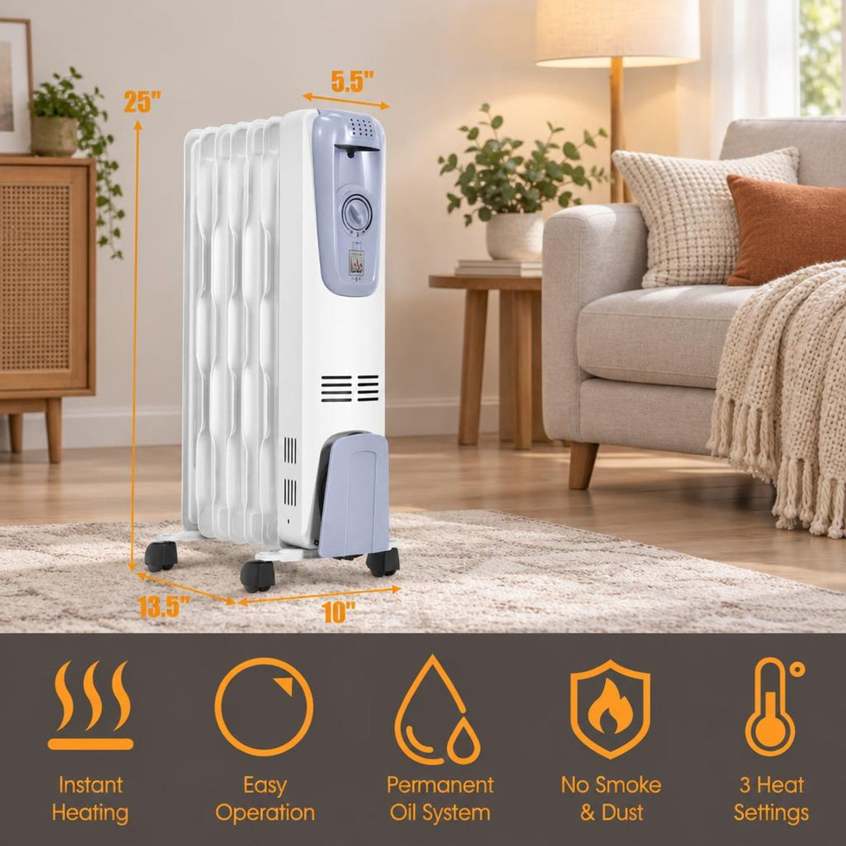 Airfind 1500W Oil Filled Radiator Heater with Thermostat and 4 Wheels for Living Room and Office, Steel Frame for Everyday Use, White