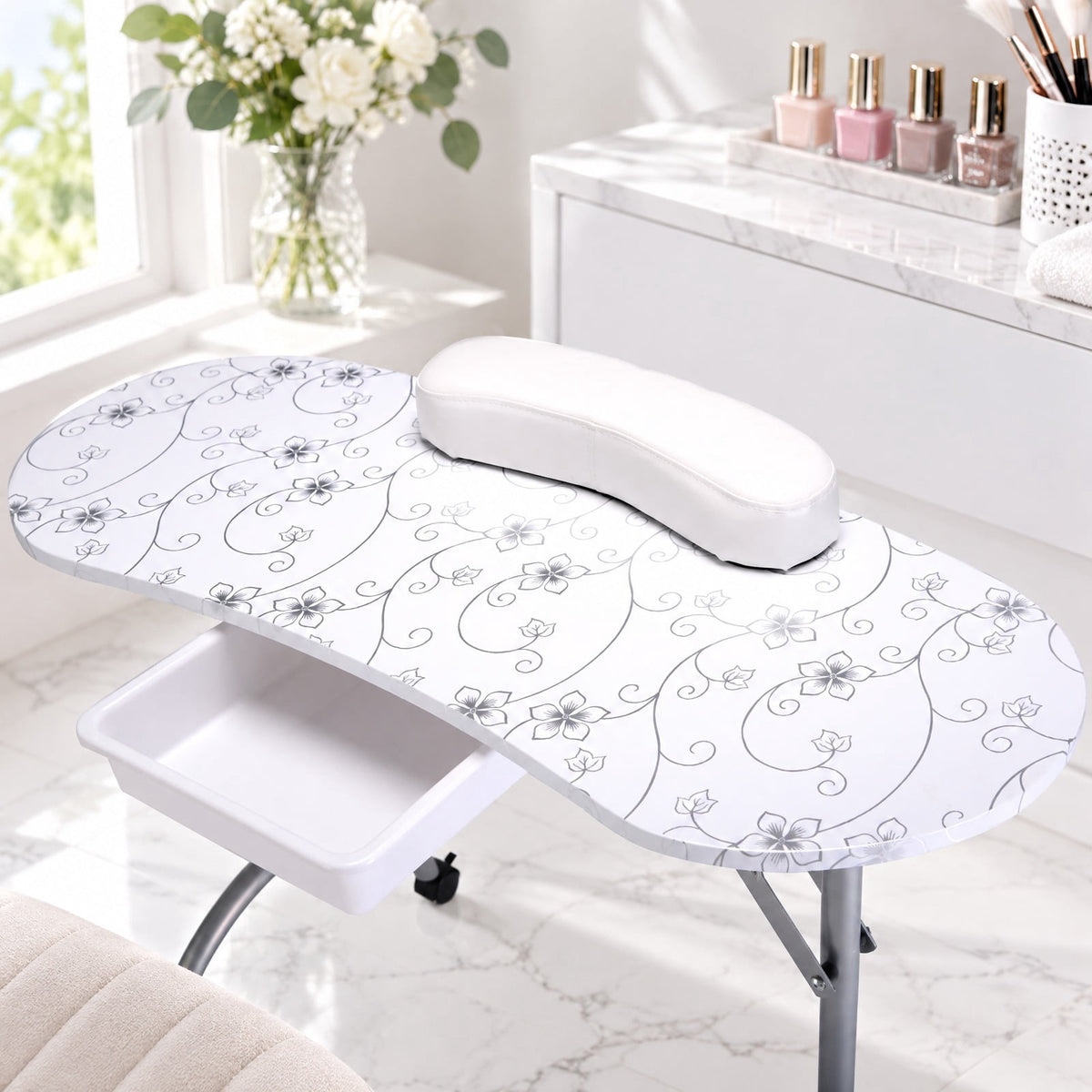 Airfind Foldable Portable Manicure Table with Drawer Casters and Cushion, MDF Metal Frame, 35.5 x 14.5 x 27 Footprint, White