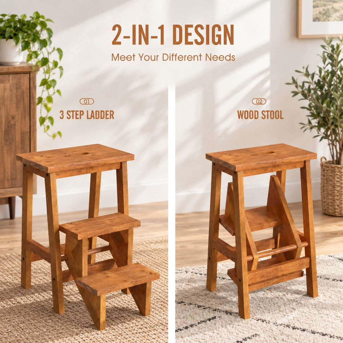 Airfind 3-in-1 Rubber Wood Step Stool with Convenient Handle, Rubber wood Frame, 22 x 16 x 24 Footprint, Coffee