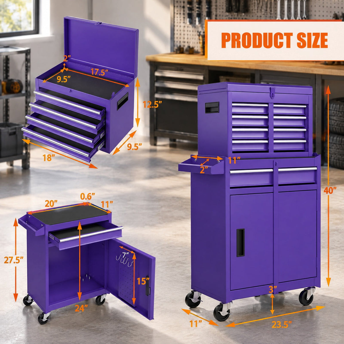 Airfind 2-in-1 Rolling Tool Chest with 5 Sliding Lockable Drawers, 220.5 lbs Capacity, Steel rubber-plastic synthetic Frame, Purple