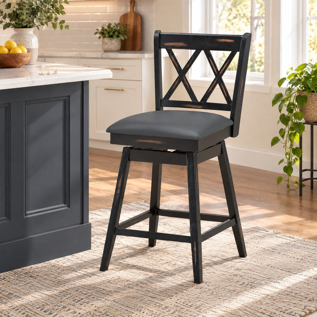 Airfind 2 Pieces 24 Inch Swivel Counter Height Barstool Set with Rubber Wood Legs, 264 lbs Capacity, PVC High density sponge rubber wood Frame