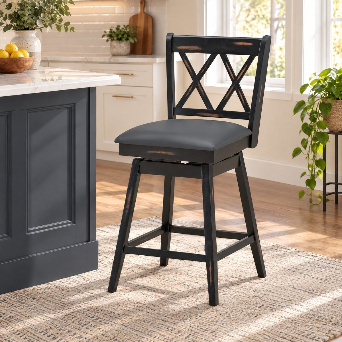 Airfind 2 Pieces 24 Inch Swivel Counter Height Barstool Set with Rubber Wood Legs, 264 lbs Capacity, PVC High density sponge rubber wood Frame