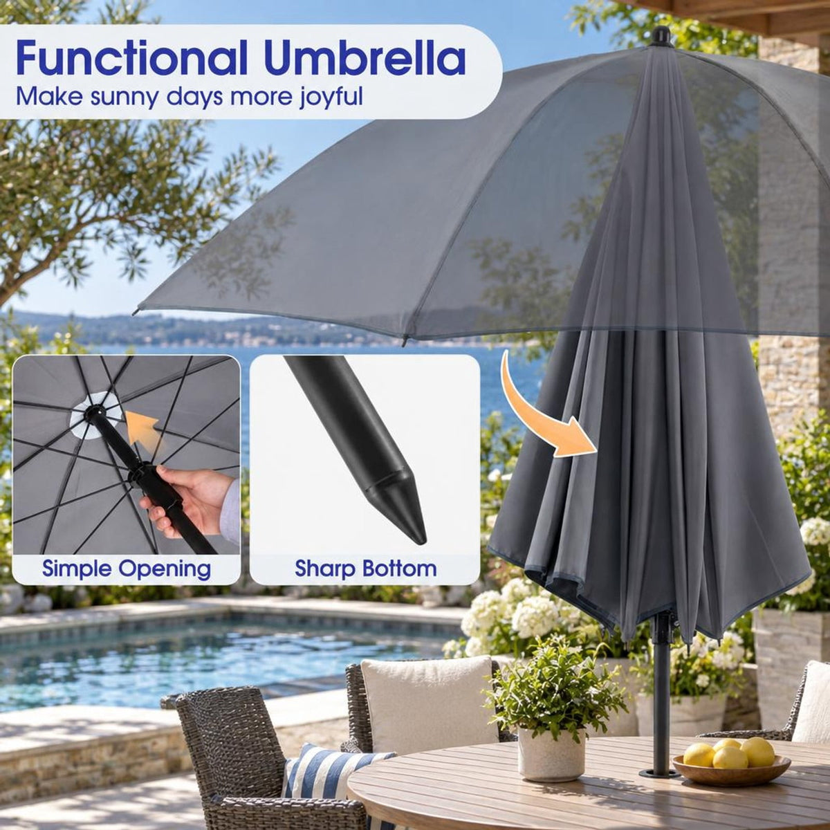 Airfind 6 Pieces Patio Dining Set Folding Chairs Glass Table Tilt Umbrella for Garden, 110 lbs Capacity, Steel fabric tempered glass Frame, Grey
