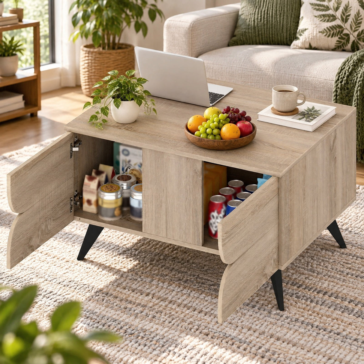Airfind Farmhouse Accent Modern Coffee Table with Storage for Living Room Bedroom, 88 lbs Capacity, MDF Plastic Frame, Natural