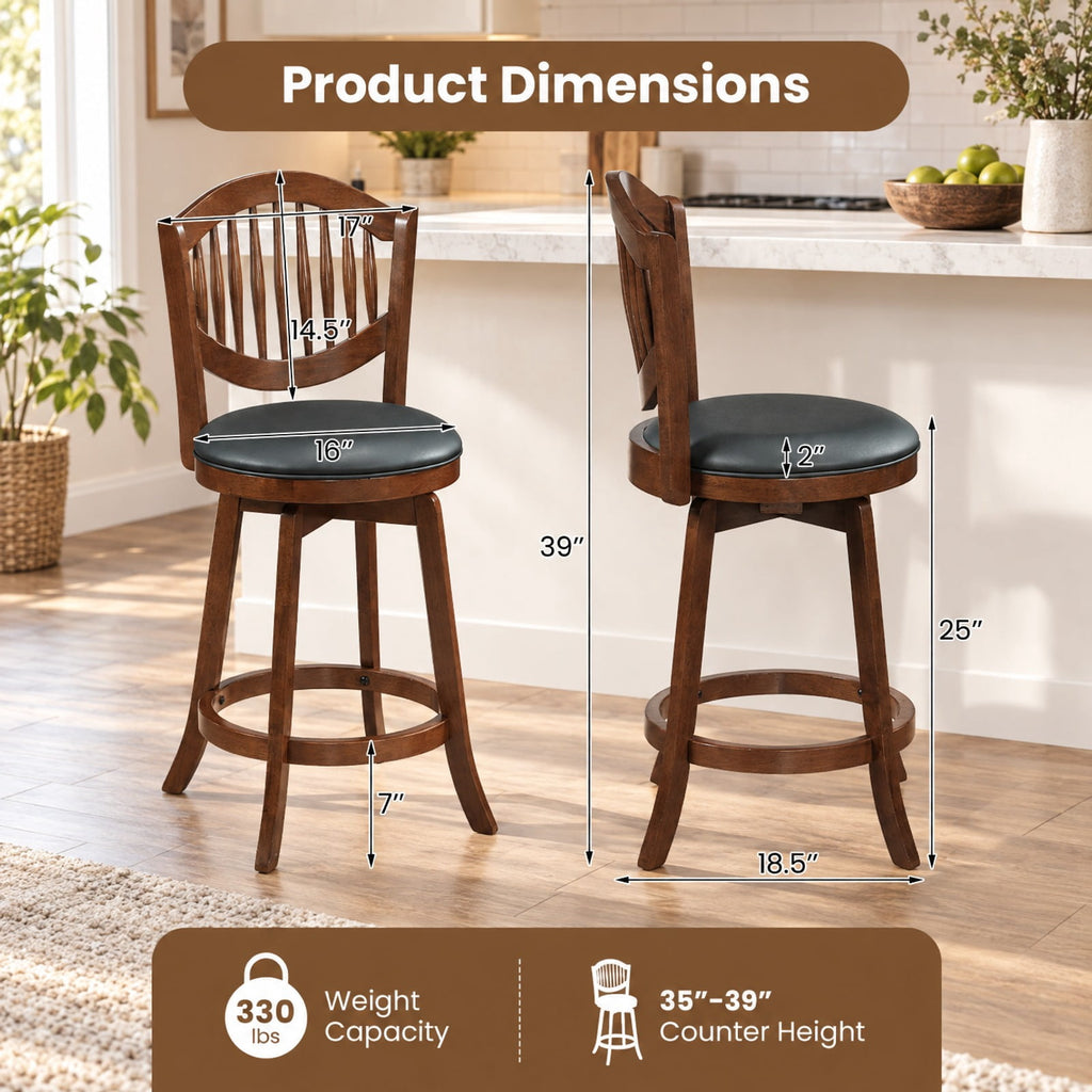 Airfind Swivel Bar Stools Set of 2 with Backrest and Wood Frame-25 Inches, 330 lbs Capacity, Rubber Wood PVC Leather Sponge Frame, Wood