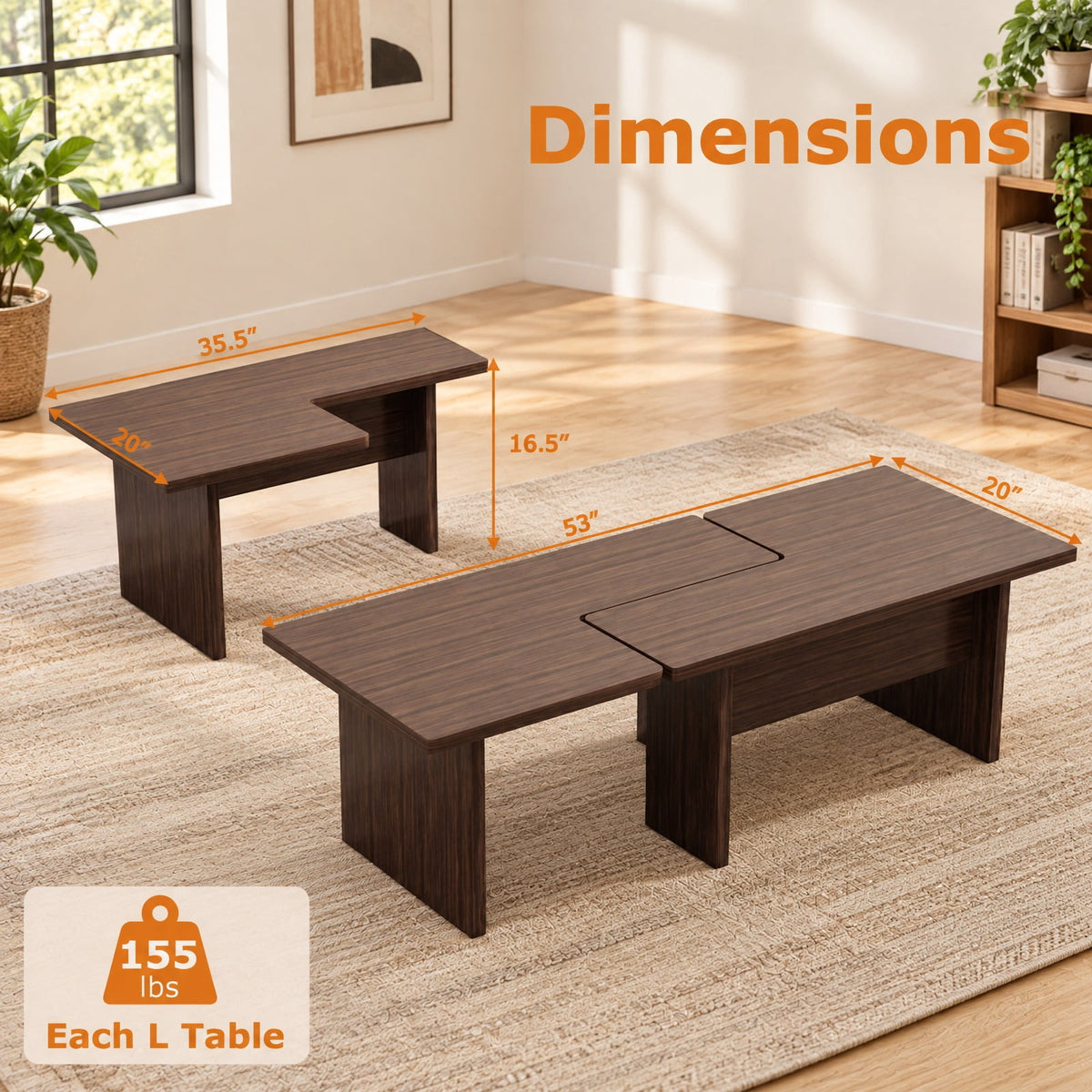Airfind Modular Coffee Table Set of 2 Featuring L-shaped Layout and 155 Lb Capacity for Living Room and Small Spaces Practical Everyday Design, Walnut