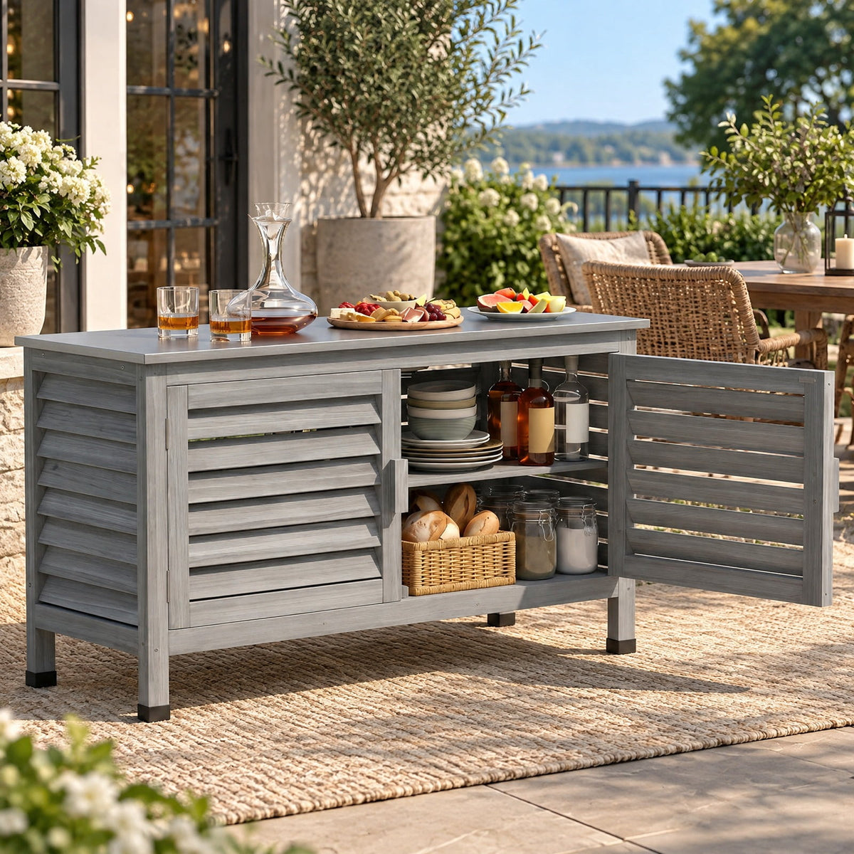 Airfind Patio Storage Cabinet with Stainless Steel Countertop and L-Shaped Shelf for Garden, 66 lbs Capacity, Fir Wood Stainless Steel Rubber Frame