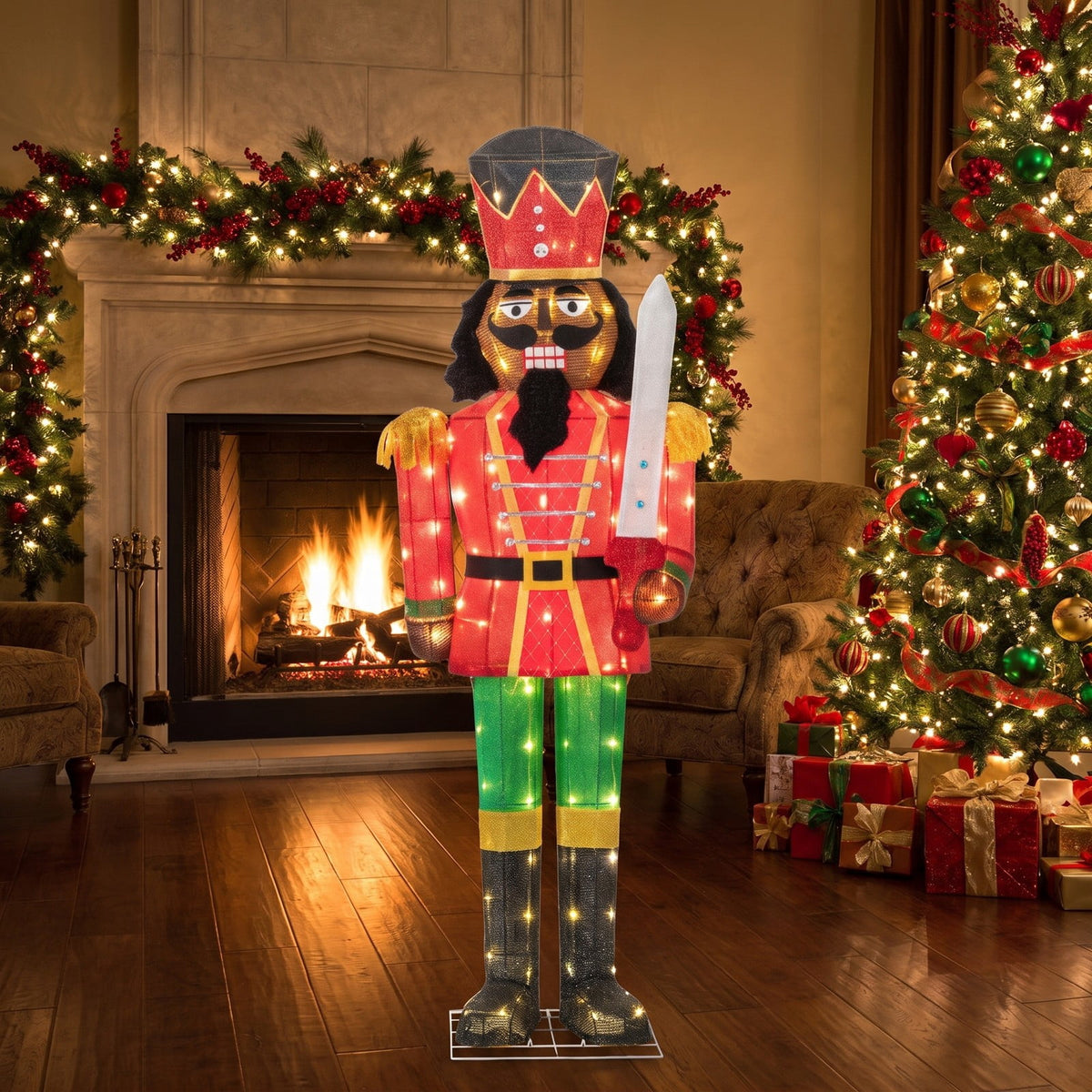 Airfind 5 FT Lighted Christmas Nutcracker with Glitter Sword for Outdoor, Metal Tinsel Frame, 21.5 x 5 ft Footprint, Multi-color