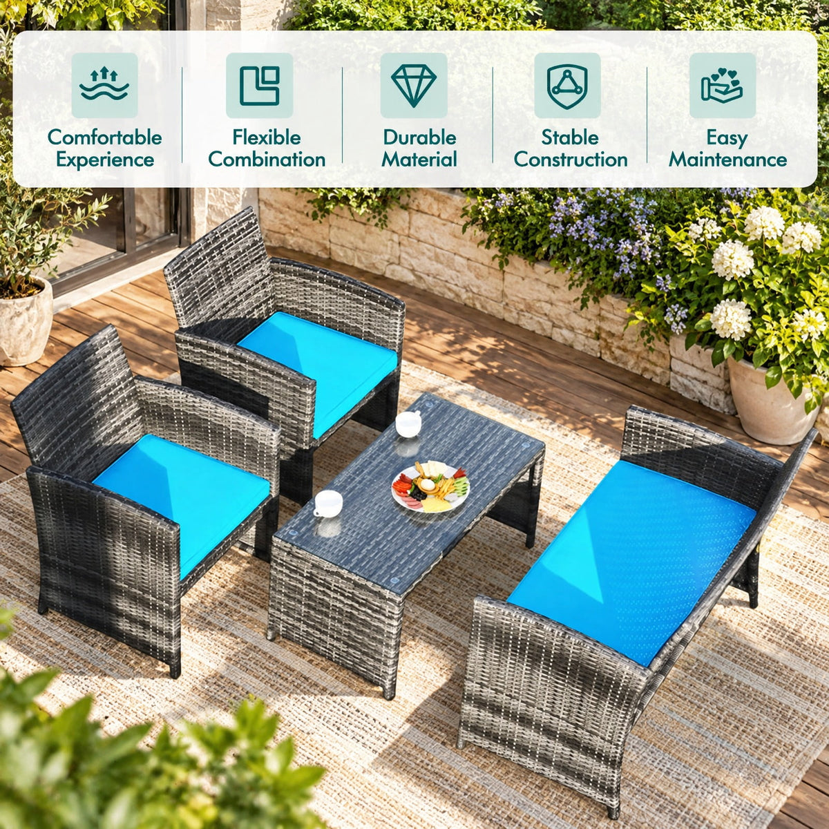 Airfind 4 Pieces Patio Rattan Furniture Set with Cushions, PE Rattan Polyester Fiber Steel Sponge Single Sofa Frame, Turquoise