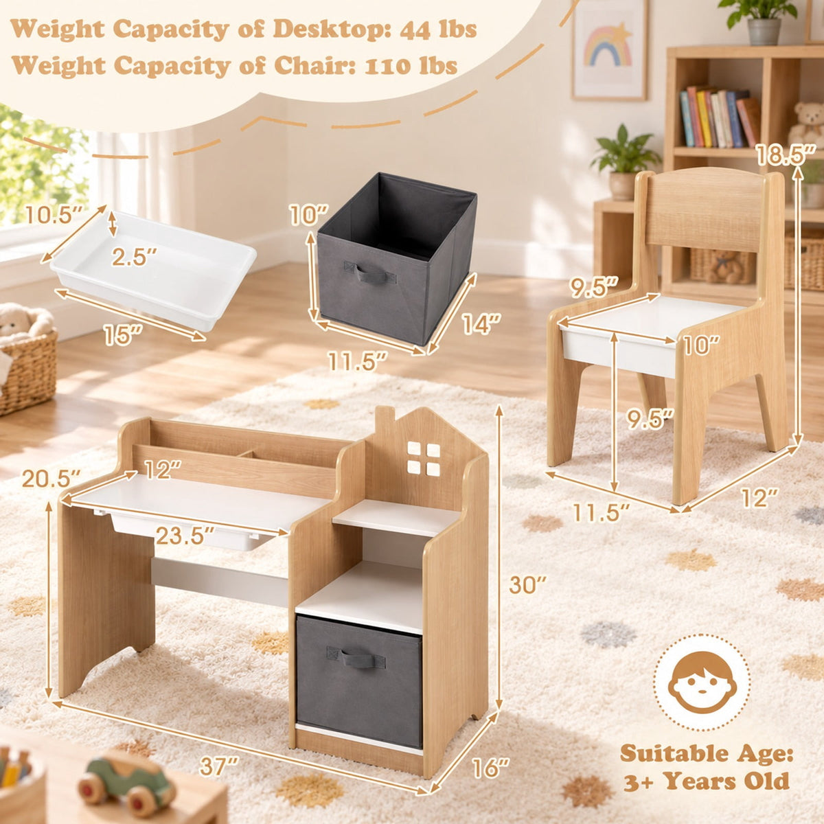 Airfind Kids Study Desk and Chair Set with Open Shelves Drawer and Fabric Storage Bin, 44 lbs Capacity, MDF Non-woven Fabric Desk Frame, Natural