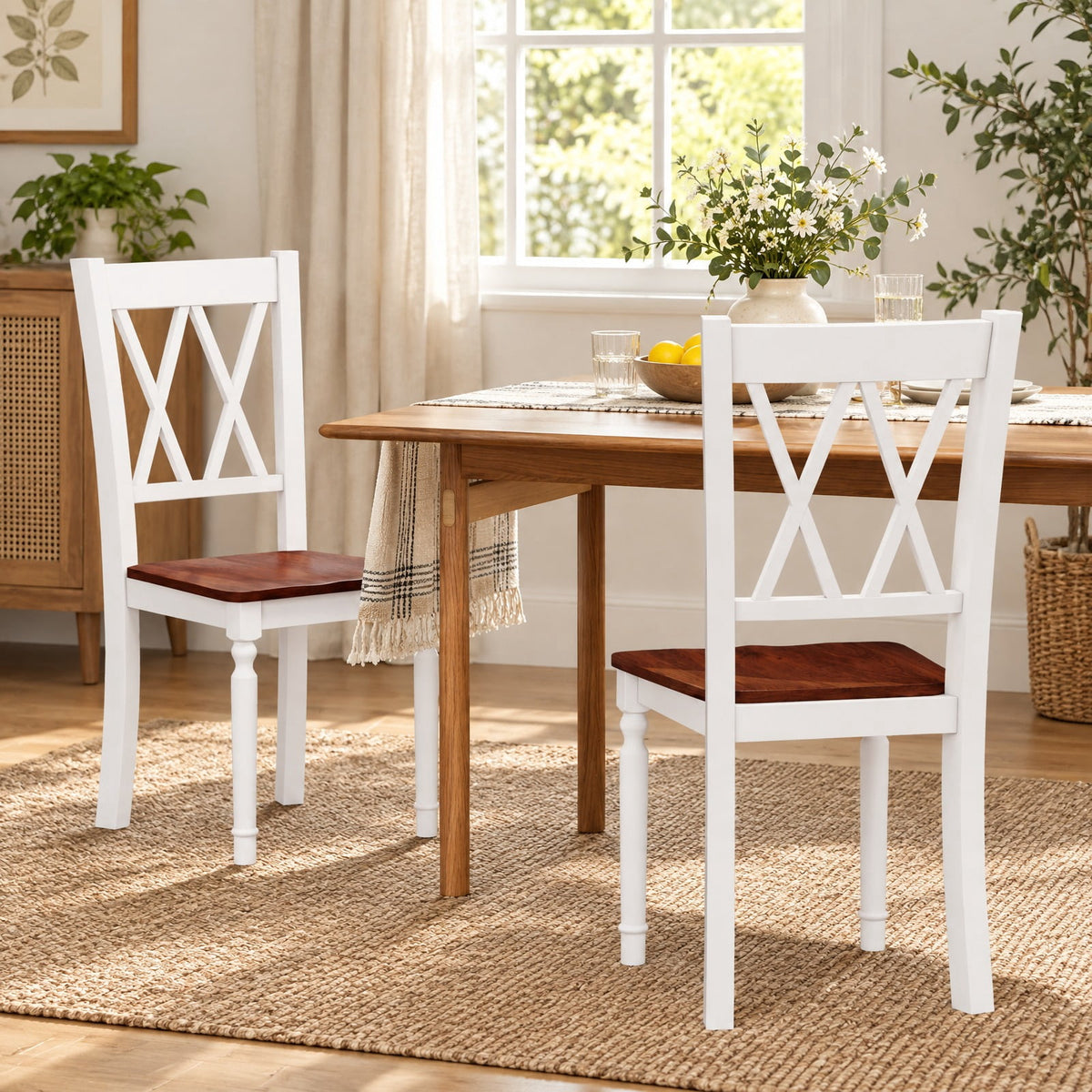Airfind Set of 2 Wooden Farmhouse Kitchen Chairs with Rubber Wood Seat, 360 lbs Capacity, LVL Rubber Wood Acacia Wood Frame, Walnut+White