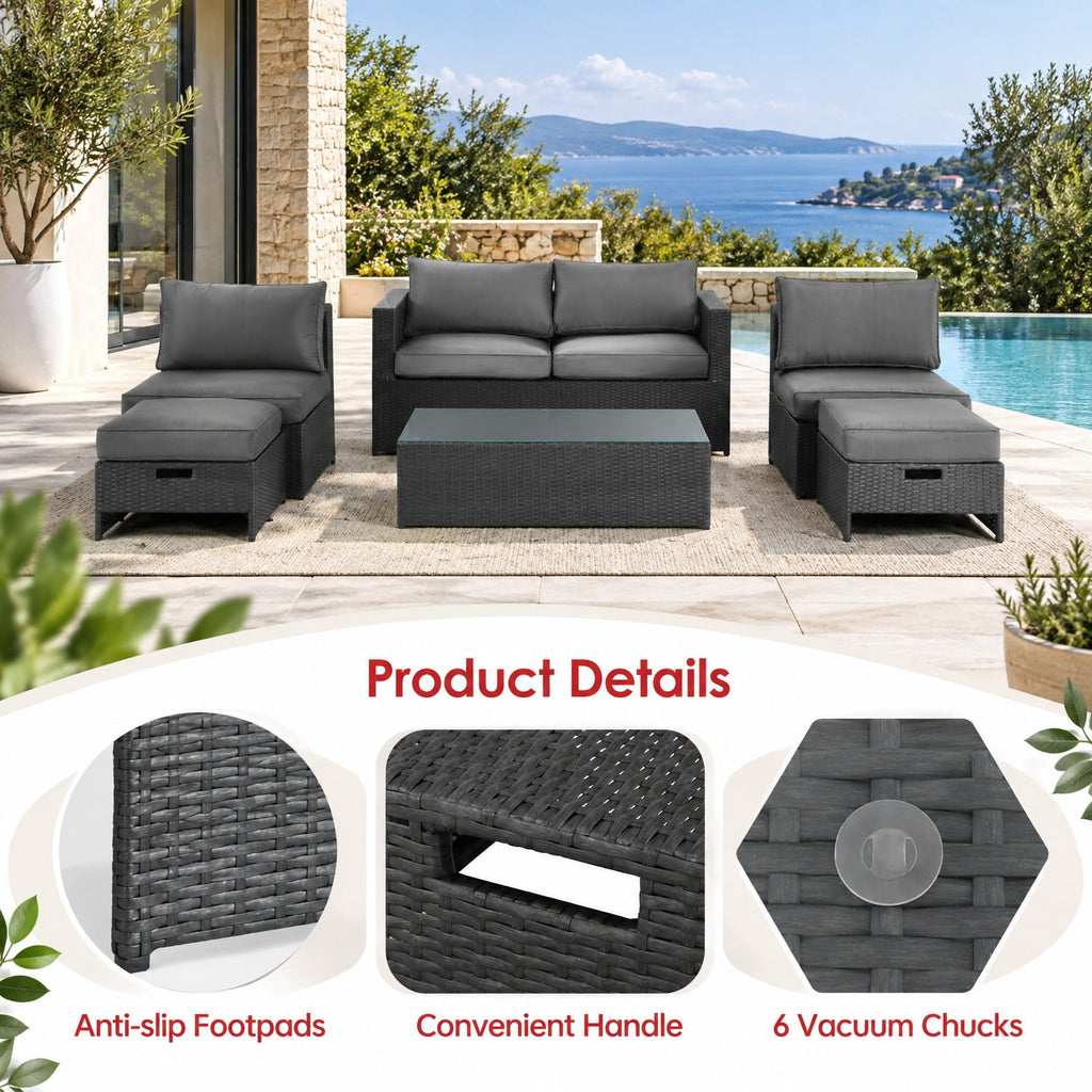 Airfind 6 Pieces Patio Rattan Furniture Set with Glass Table and Cushioned Seat, 530 lbs Capacity, Steel Frame, 60 x 28.5 x 25 Footprint, Gray