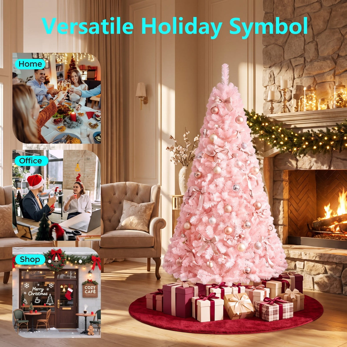Airfind 6/7 Feet Artificial Christmas Tree Hinged Full Fir Tree-6 Feet, PVC Metal Tree Height 7 ft 6 ft Tree Width 4.1 ft 3.4 ft Frame, Pink