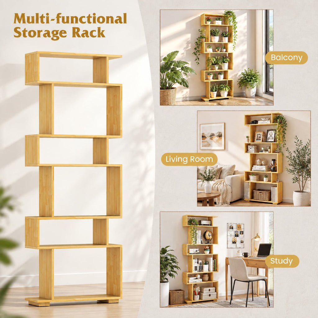 Airfind 6-Tier Geometric Bookshelf with 2 Anti-Tipping Kits for Home Office, 11 lbs Capacity, Engineered Wood Frame, 24 x 8 x 64 Footprint, Wood