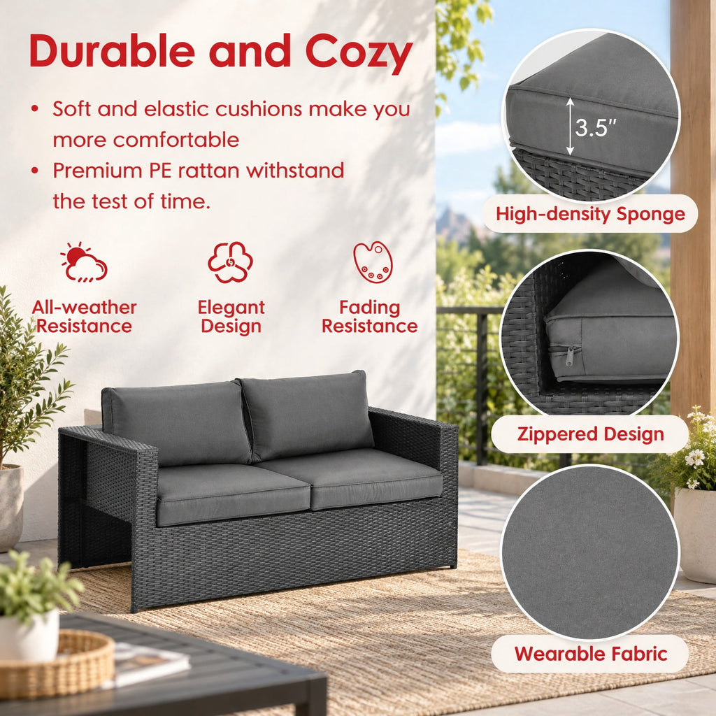 Airfind 6 Pieces Patio Rattan Furniture Set with Glass Table and Cushioned Seat, 530 lbs Capacity, Steel Frame, 60 x 28.5 x 25 Footprint, Gray