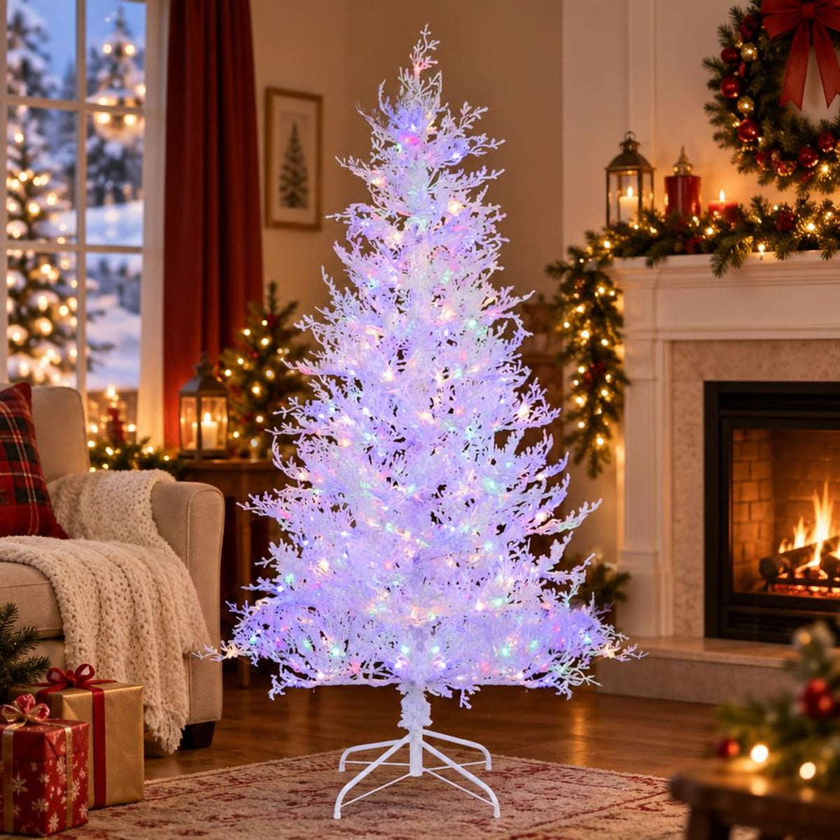 Airfind 6 Feet Artificial Xmas Tree with 383 PE Branch Tips and 300 LED Lights, PE flocking metal Tree height 6 ft Tree width 3.3 ft Frame, White