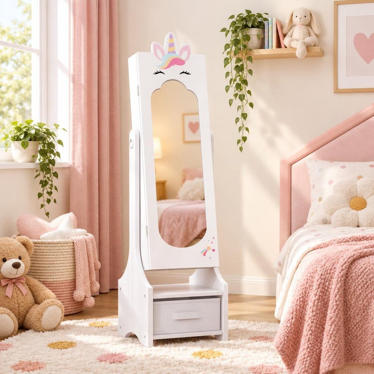 Airfind Kids Jewelry Cabinet with Full-Length Mirror for Kids Bedroom and Playroom, MDF Frame, 12.5 Inch x 12 Inch x 45.5 Inch Footprint, White