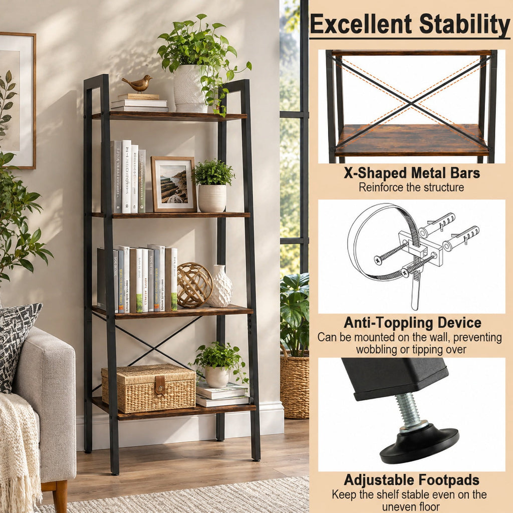 Airfind 4-Tier Bookshelf with Metal Frame and Adjustable Foot Pads, 200 lbs Capacity, Metal Engineered Wood Frame, Brown