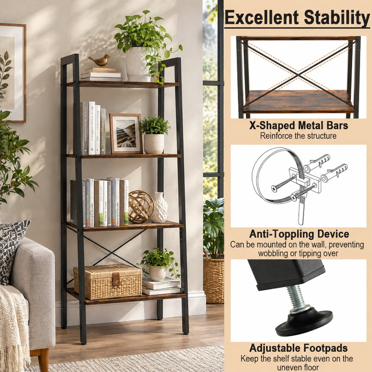 Airfind 4-Tier Bookshelf with Metal Frame and Adjustable Foot Pads, 200 lbs Capacity, Metal Engineered Wood Frame, Brown
