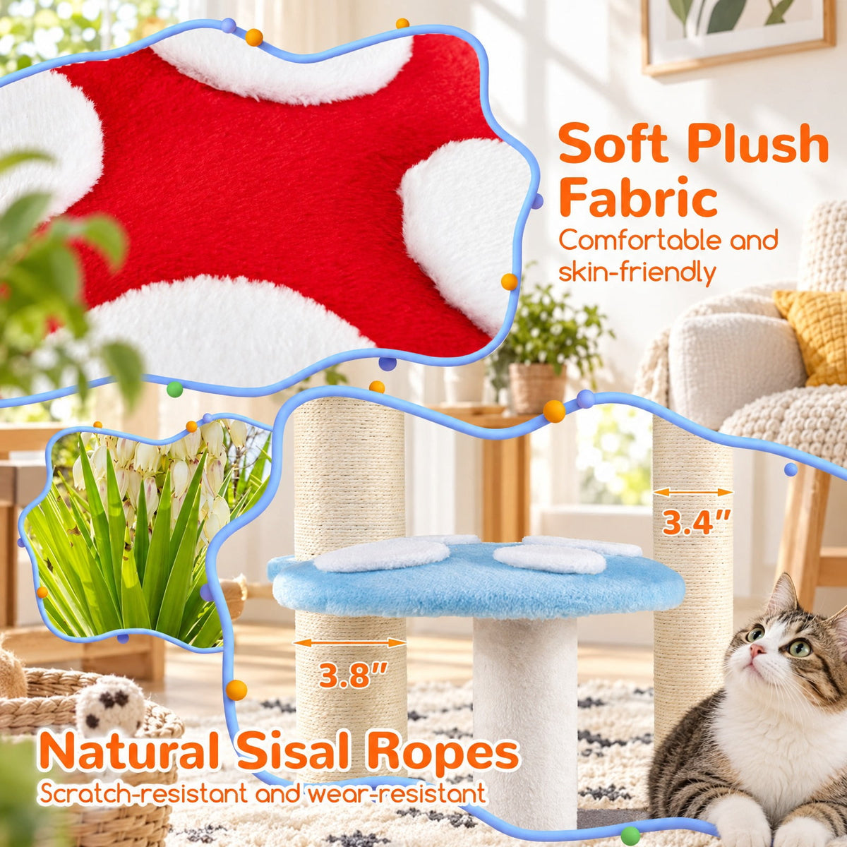 Airfind Cute Mushroom Cat Tree with Sisal Scratching Posts Top Condo and Padded Platforms, 22 lbs Capacity, 23 x 48 Footprint, Colorful