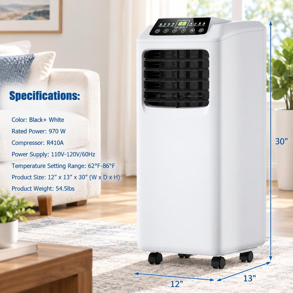 Airfind 9000 BTU Portable Air Conditioner with Built, 12 Inch x 13 Inch x 30 Inch (W x D x H) Product weight: 54.5 lbs Footprint, Black + white Cooling