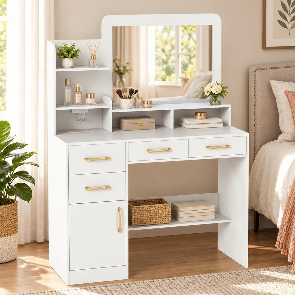 Airfind 39.5 Inch Vanity Desk with Power Outlets and Mirror for Bedroom, 85 lbs Capacity, 39.5in x 15.5in x 53inMirror Footprint, White