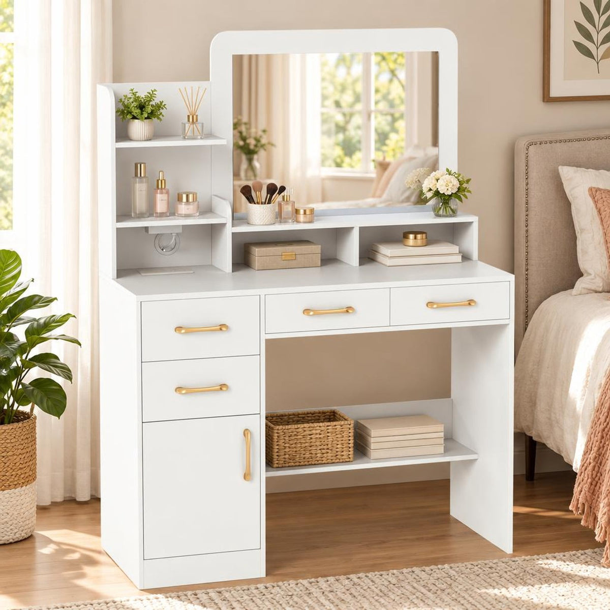 Airfind 39.5 Inch Vanity Desk with Power Outlets and Mirror for Bedroom, 85 lbs Capacity, 39.5in x 15.5in x 53inMirror Footprint, White
