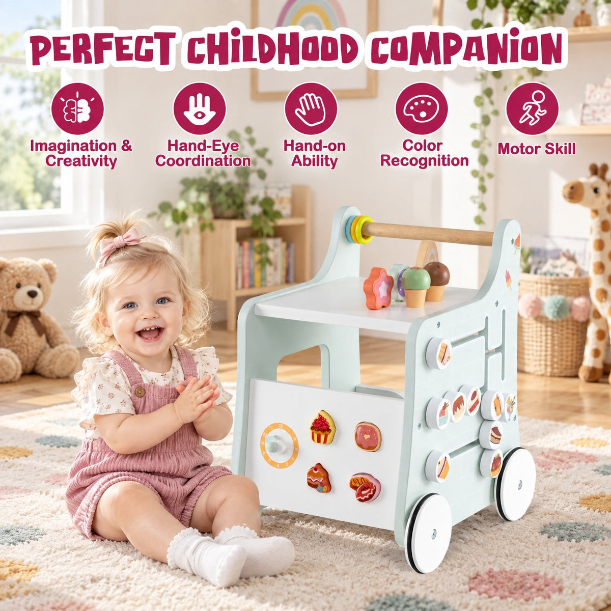 Airfind 2-in-1 Baby Walker with Storage and Ice Creams for 1+ Years Old, MDF Plywood Frame, Light Green