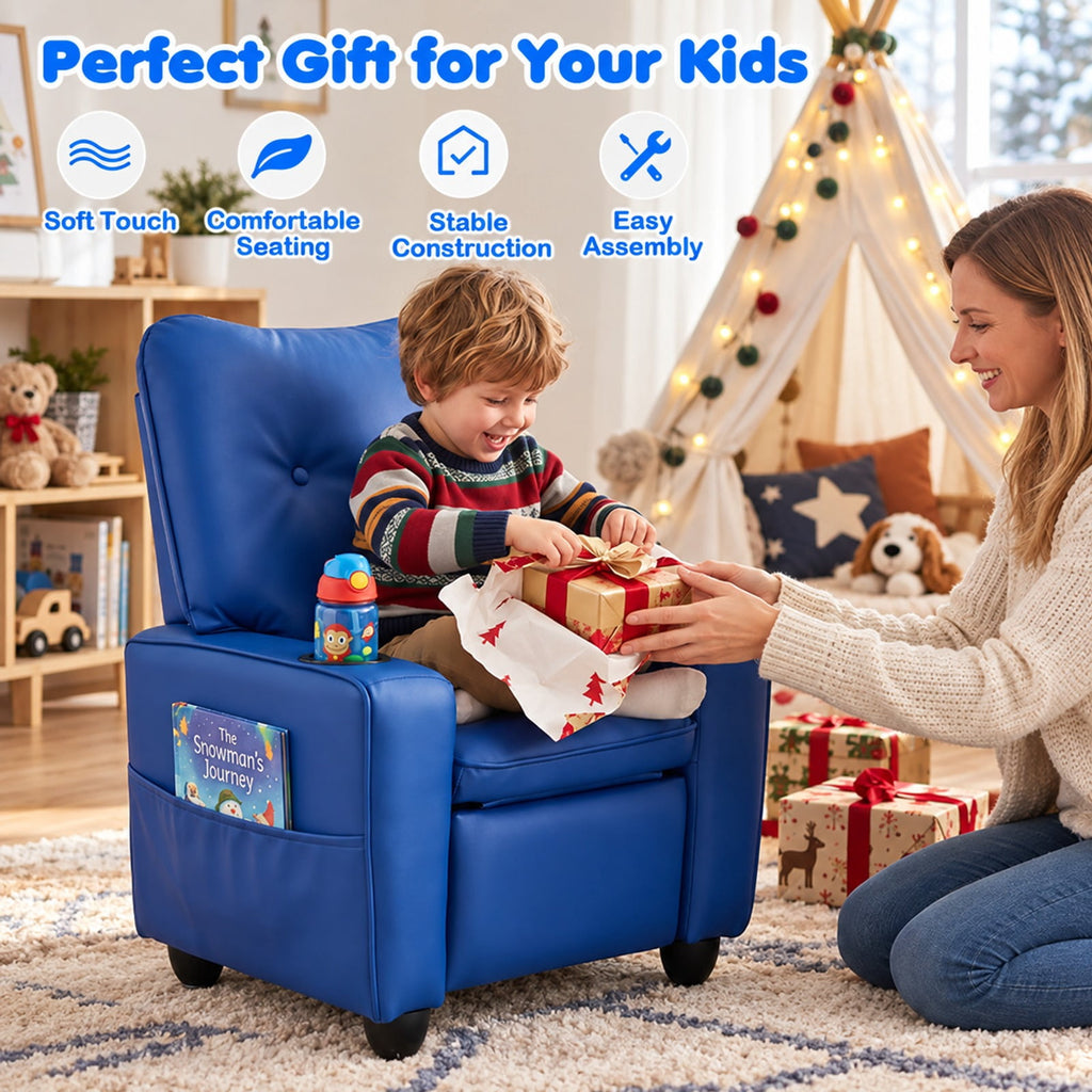 Airfind Youth Recliner featuring Cup Holder Armrests and Adjustable Backrest for Playroom, Wood Frame, 24 Inch x 21 Inch x 30 Inch Lying Footprint, Blue