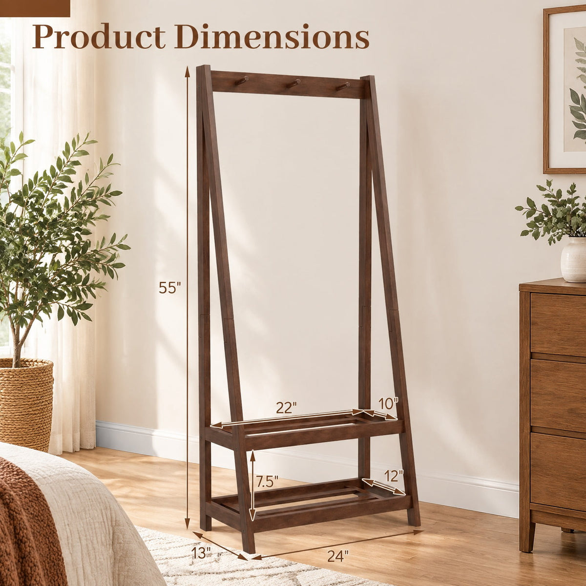 Airfind Freestanding Clothes Rack with 3 Hooks and 2 Shelves, 33 lbs Capacity, Rubber Wood Frame, 13 x 24 x 55 Footprint, Walnut