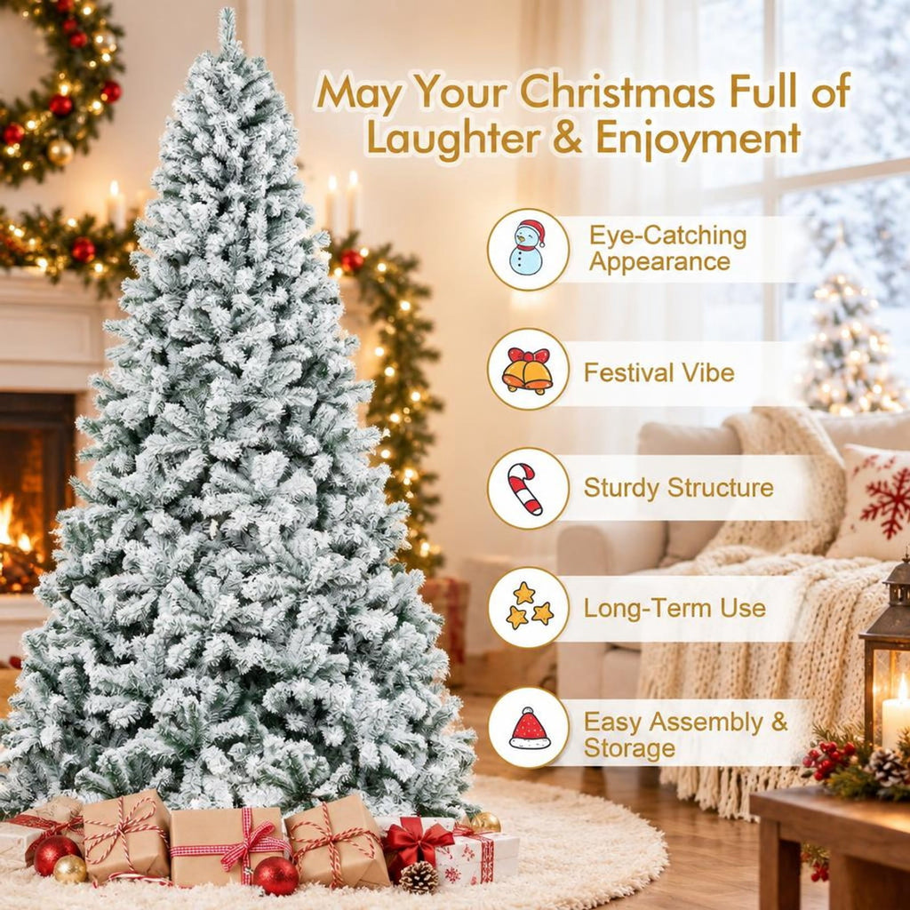 Airfind Snow-flocked Artificial Christmas Tree 9 Ft featuring Hinged PVC Branches and Metal Stand for Indoor Holiday Decor, White
