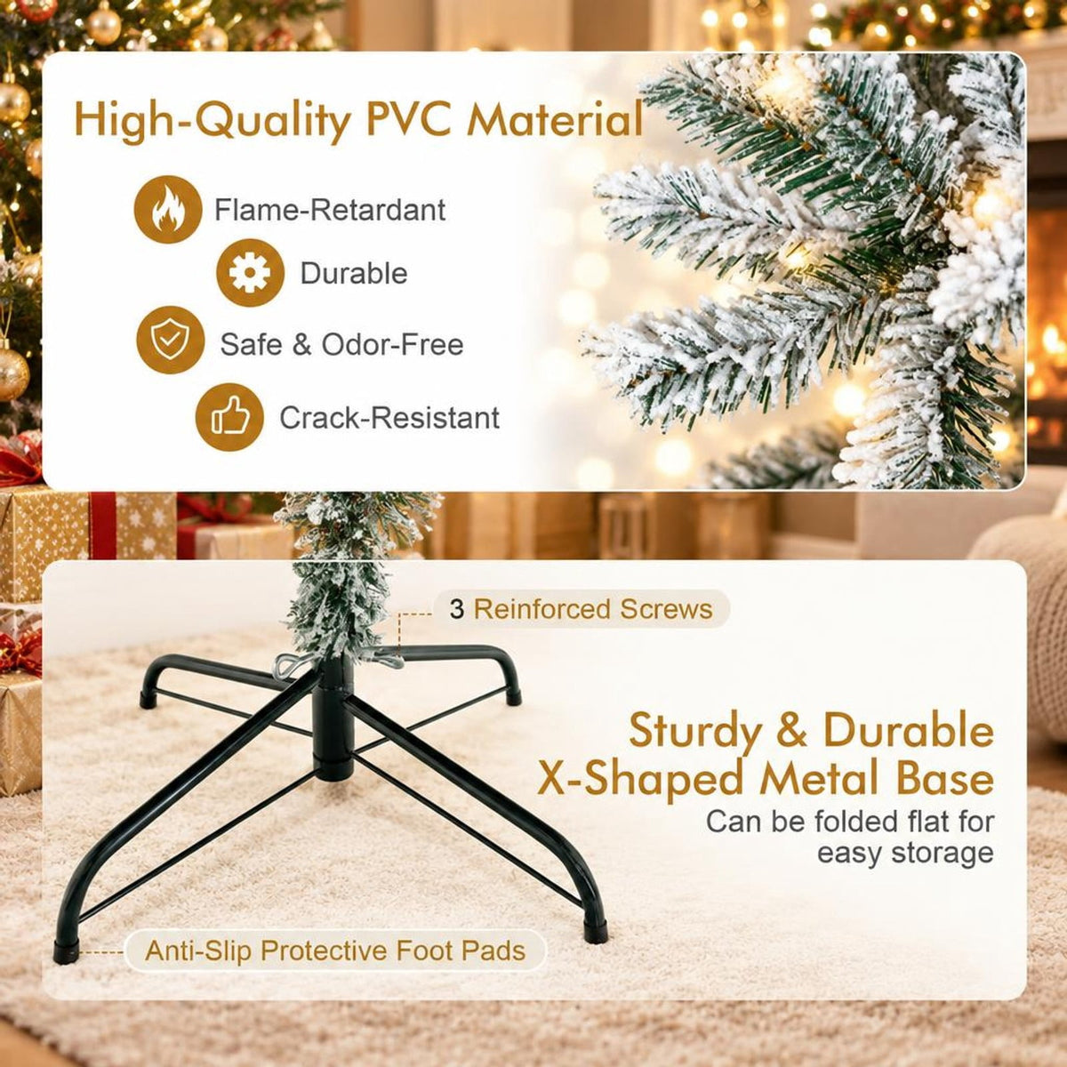 Airfind 6 Feet Artificial Snow Decorated Flocked Hinged Christmas Tree with Metal Stand, White, Diameter of Metal Stand 18 Inch 20 Inch