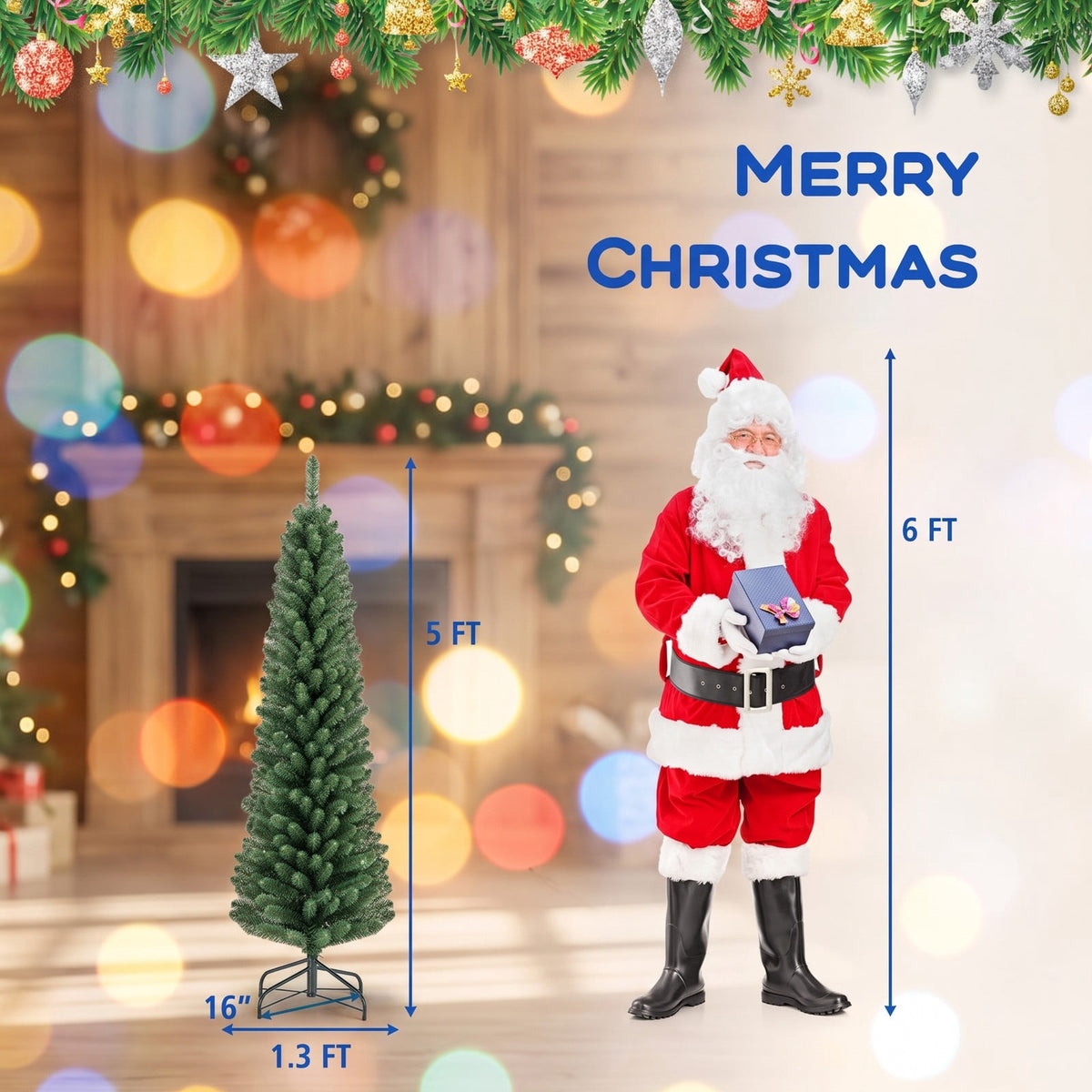 Airfind 5/6/7/8 Feet Pencil Christmas Tree with 295/392/523/671 Memory Wire Branch Tips and Upgraded Metal Stand-5 feet, Green