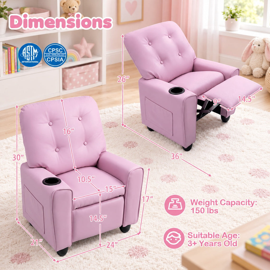 Airfind Youth Recliner Chair with Cup Holder, Side Pocket and Push-back Footrest, PU Upholstery, 24 x 21 x 30 in for Everyday Use, Pink