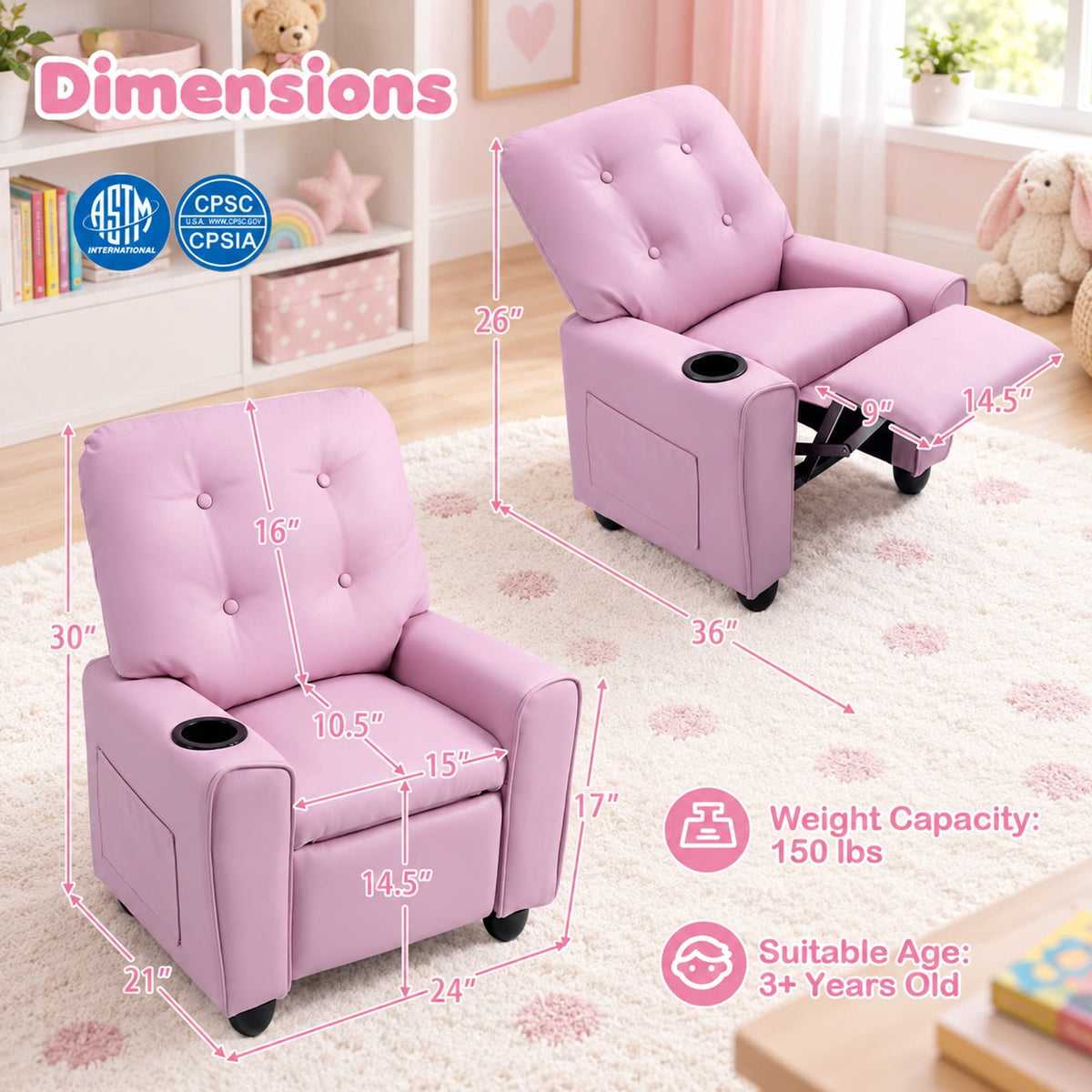 Airfind Youth Recliner Chair with Cup Holder, Side Pocket and Push-back Footrest, PU Upholstery, 24 x 21 x 30 in for Everyday Use, Pink