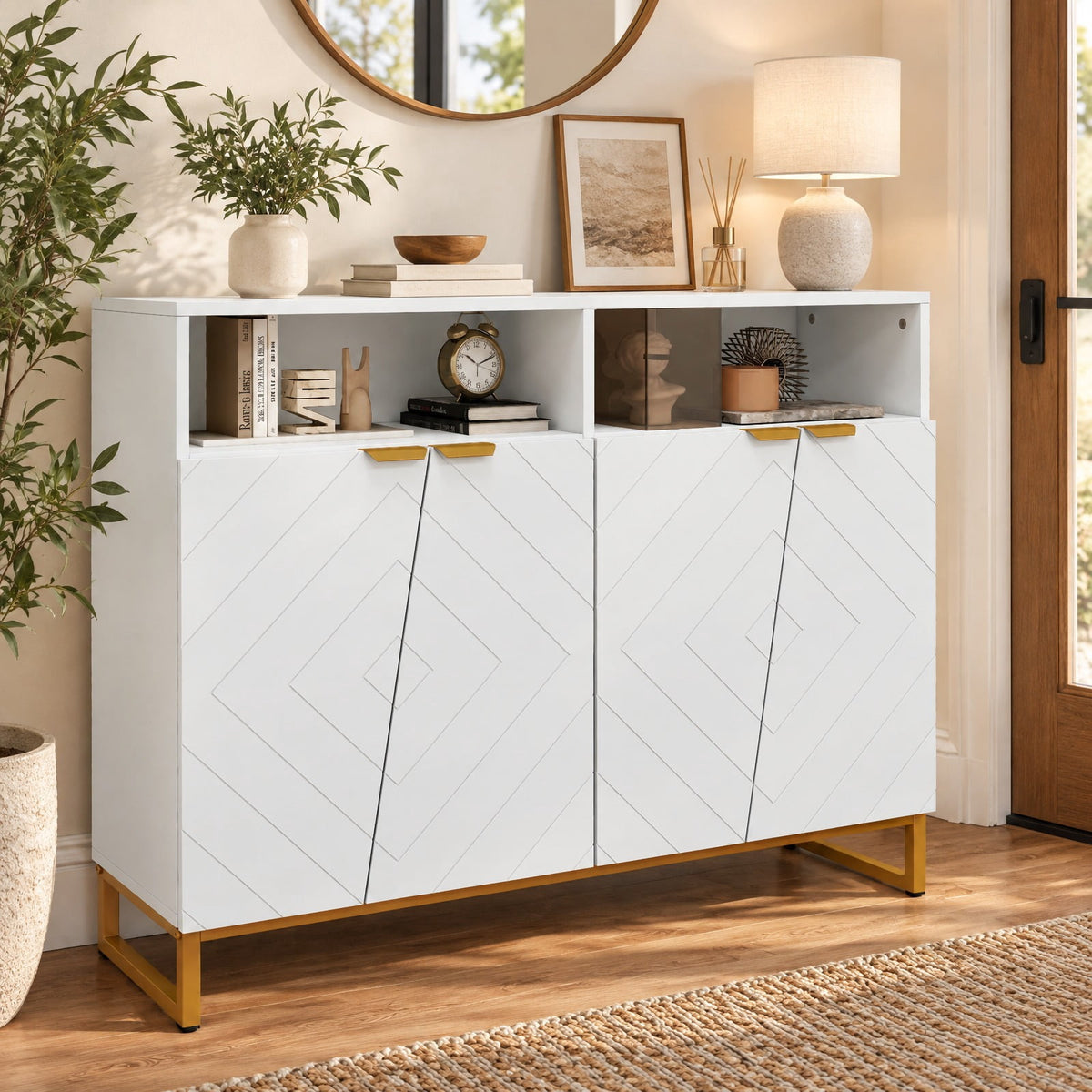 Airfind Modern Sideboard Cabinet with 4 Doors and Adjustable Shelves, 220 lbs Capacity, MDF Metal Frame, 40 x 12 x 32/100 x 30 x 80 cm Footprint