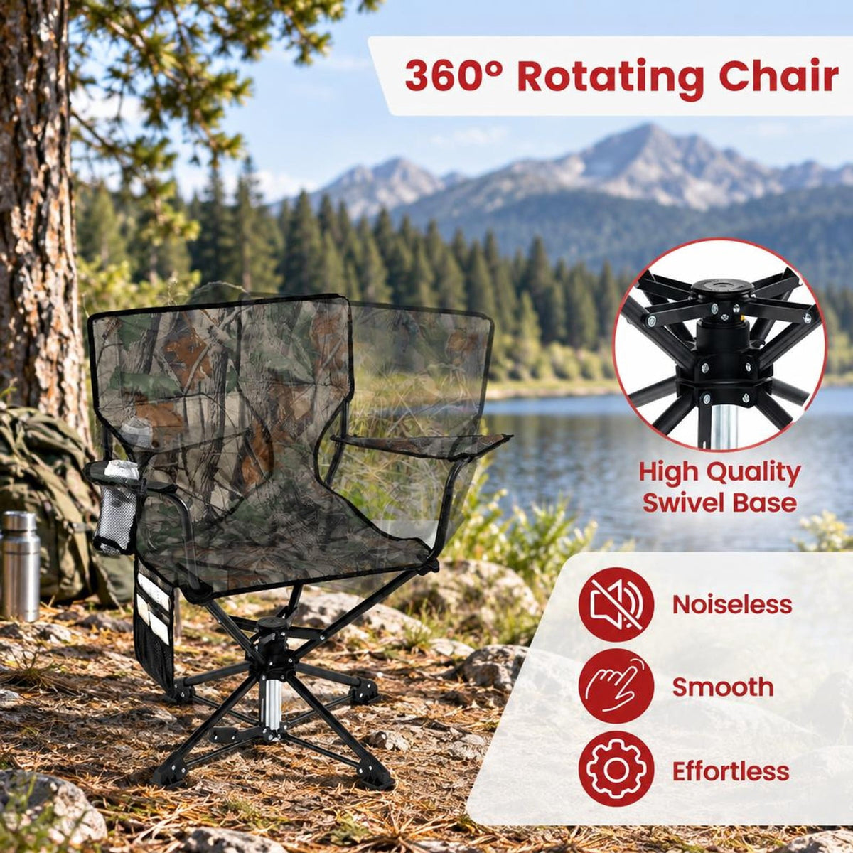 Airfind 360° Swivel Hunting Chair Portable Foldable with Mesh Cup Holder and Storage Pockets, 300 lbs Capacity, 600D Oxford Fabric PE Metal Frame