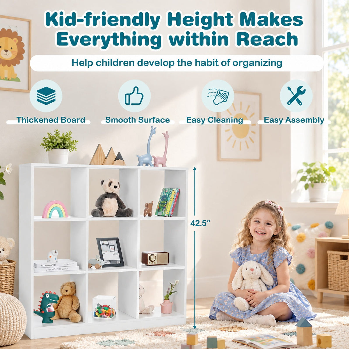 Airfind Modern 9-Cube Bookcase with 2 Anti-Tipping Kits for Books Toys Ornaments, 330 lbs Capacity, Engineered Wood Frame, White