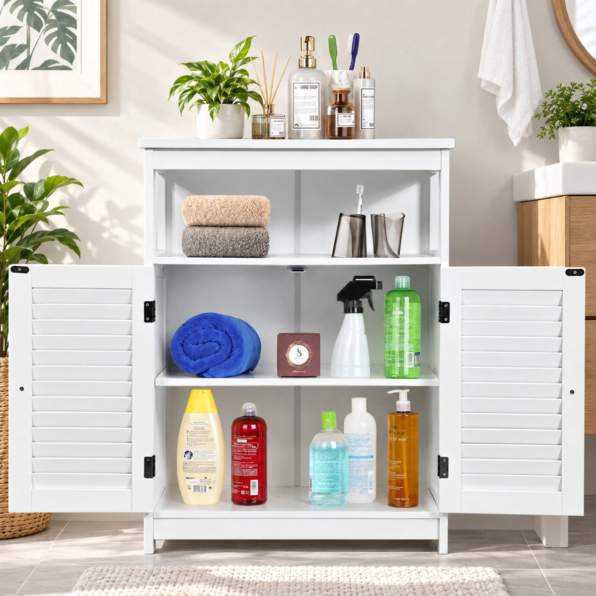 Airfind Wood Freestanding Bathroom Storage Cabinet with Double Shutter Door, 77 lbs Capacity, P2 MDF Frame, 23.5in x 12in x 31.5in Footprint, White