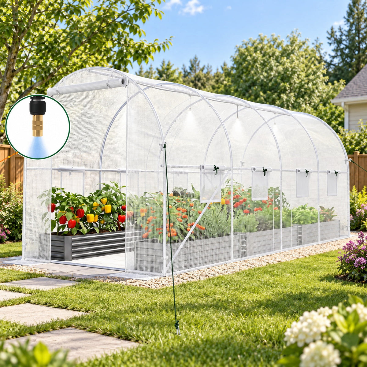 Airfind 15 x 7 x 7 ft Walk-in Tunnel Greenhouse with Watering System, Galvanized Steel Frame, 15 x 7 x 7 ft Footprint, White