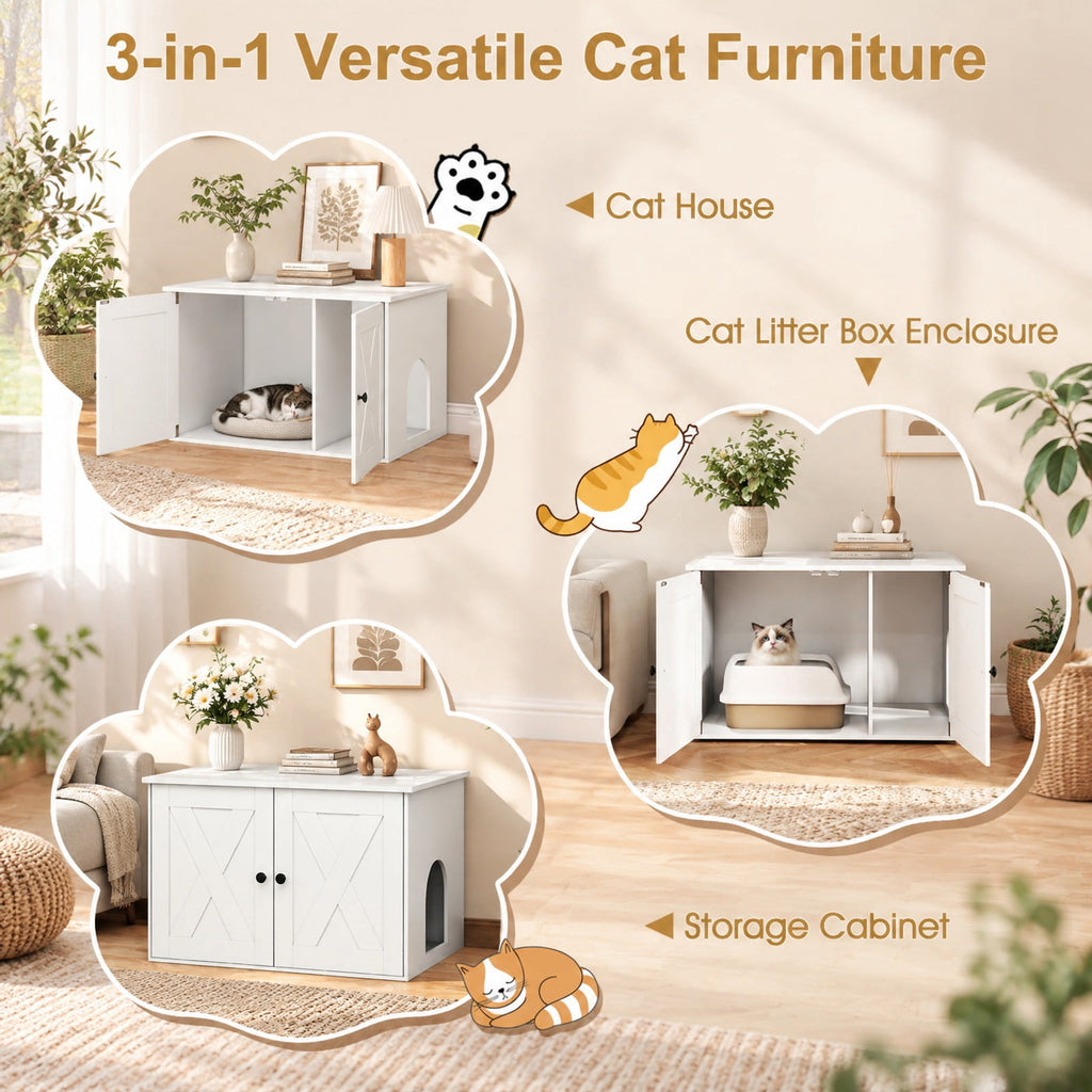 Airfind Hidden Cat Litter Box Enclosure Furniture with Divider, White, Large tabletop for plants decorations or storage, for Everyday Home Use