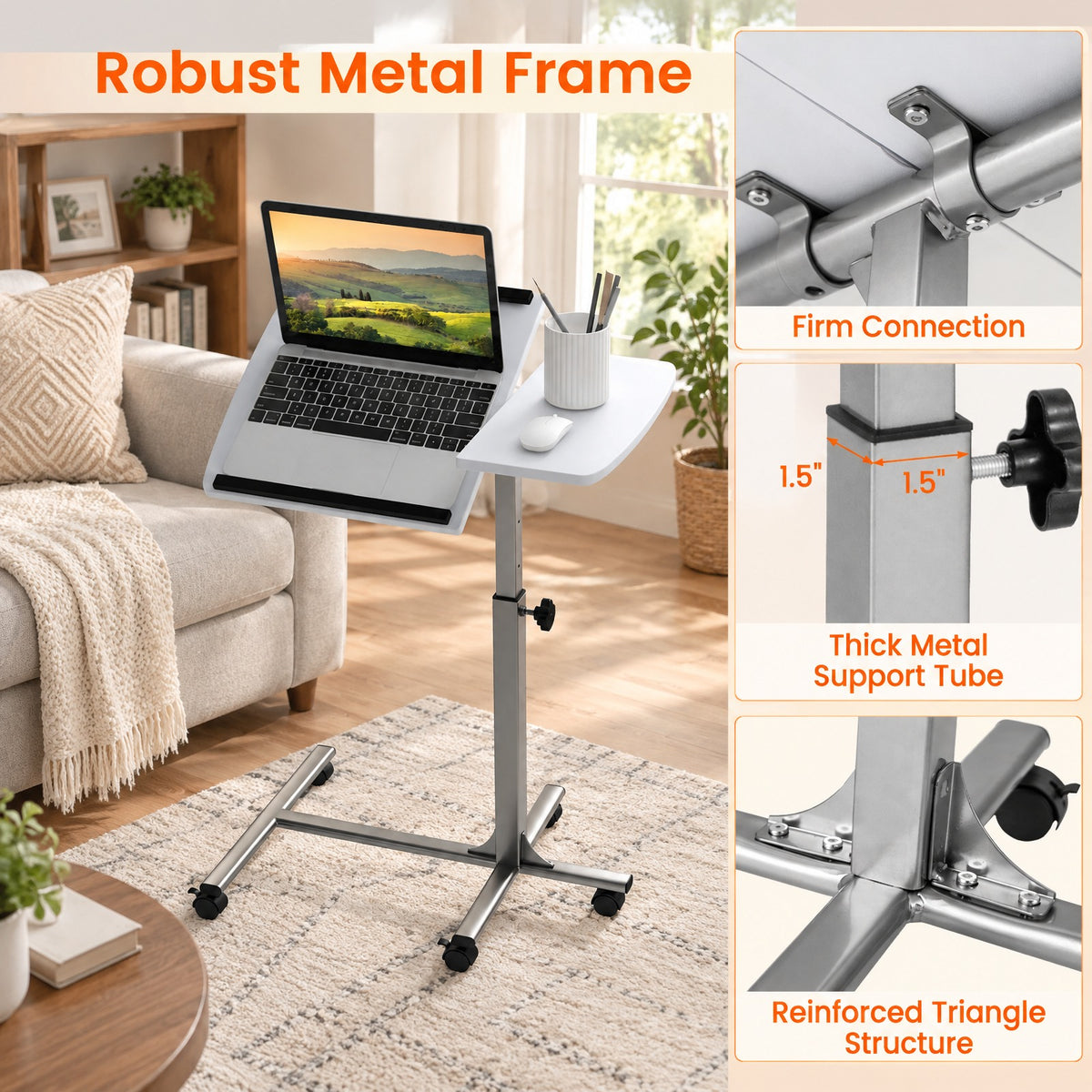 Airfind Adjustable Angle Height Rolling Laptop Table, Steel (frame) Frame, 23.5 x 16 x 24.5-36 (L x W x Adjustable H) Steel tube Footprint