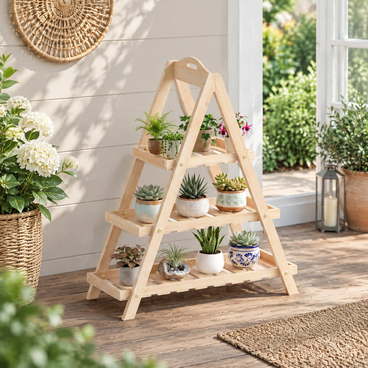 Airfind 3-Tier Plant Stand Flower Pot Display Shelf, Shelf 11 lbs Total Capacity, Fir Wood Frame, 23 x 10 x 28.5 Footprint, Natural