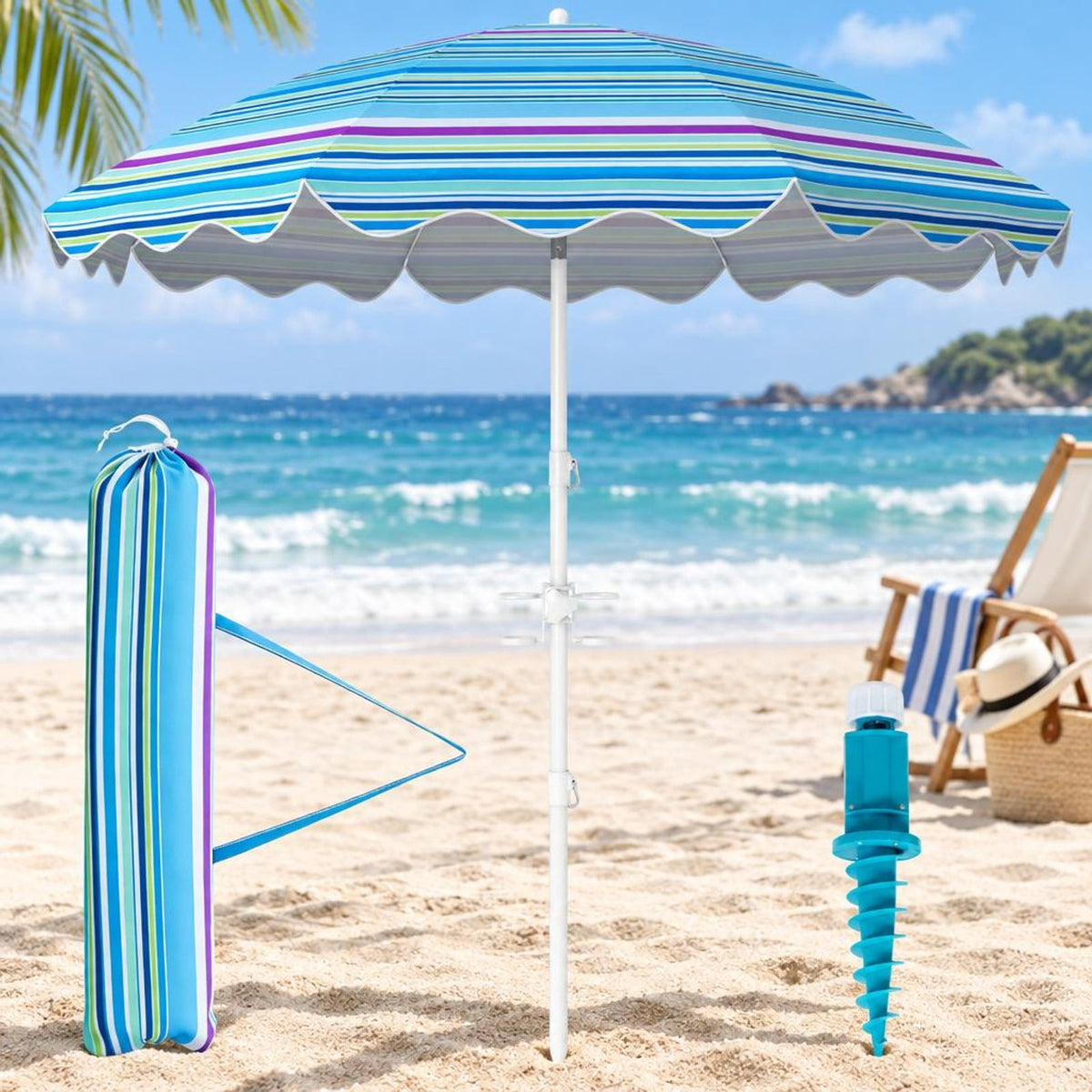 Airfind 6.5 FT Beach Umbrella UPF 50+ with Sand Anchor for Garden Pool, Polyester Fabric Metal Aluminum Alloy PP Frame, Blue Stripe