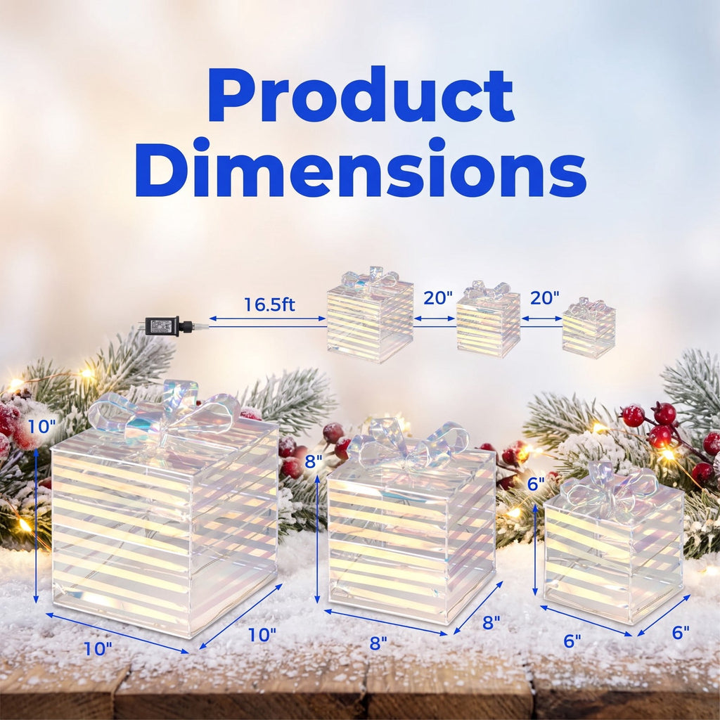 Airfind Set of 3 Christmas Lighted Gift Boxes with Bows and Plug, PVC Metal Frame, 10 Inch x 10 Inch x 10 Inch Footprint, of Light White