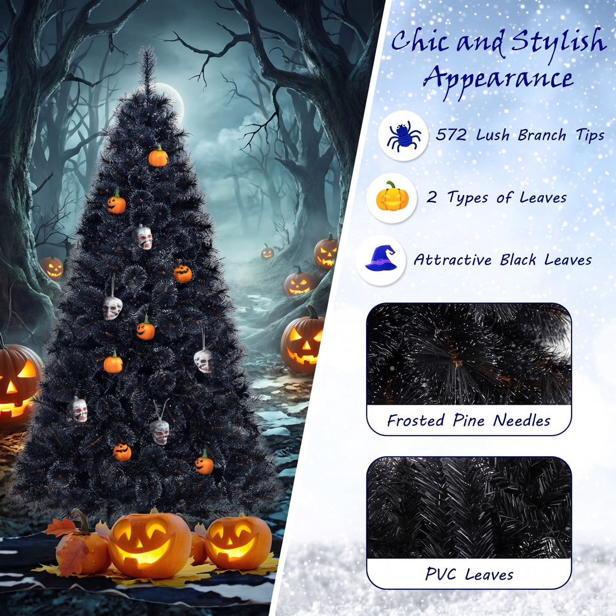 Airfind 6/7/8 Feet Black Artificial Halloween Christmas Tree with PVC Branch Tips and 210/320/450 Cool White LED Lights, Black