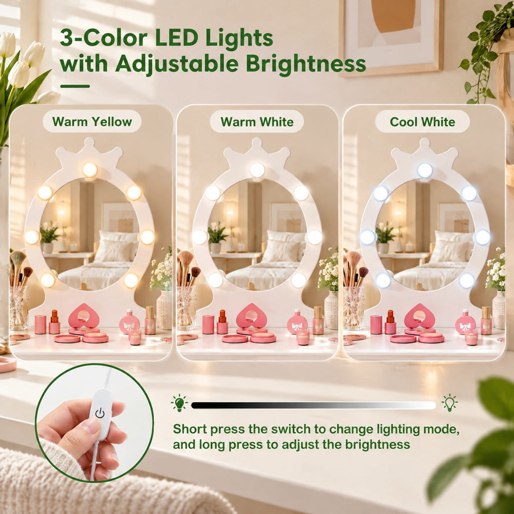 Airfind Kids Vanity Set with Lighted Mirror with Adjustable Brightness and Large Drawer, 110 lbs Capacity, MDF Frame, for 3-7 Years Old, White