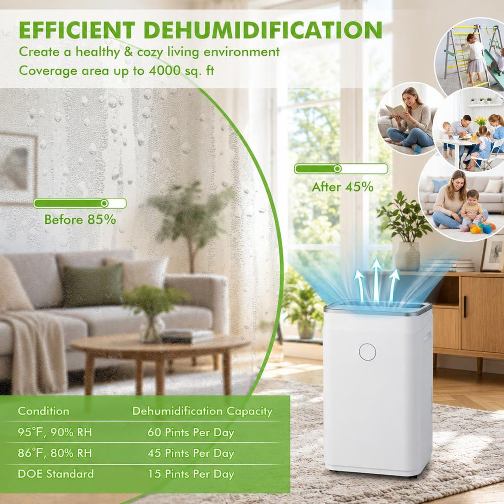 Airfind 60-Pint Dehumidifier for Home and Basements 4000 Sq. Ft with 3-Color Digital Display, ABS Frame, 13 x 9 x 22.5 Footprint, White