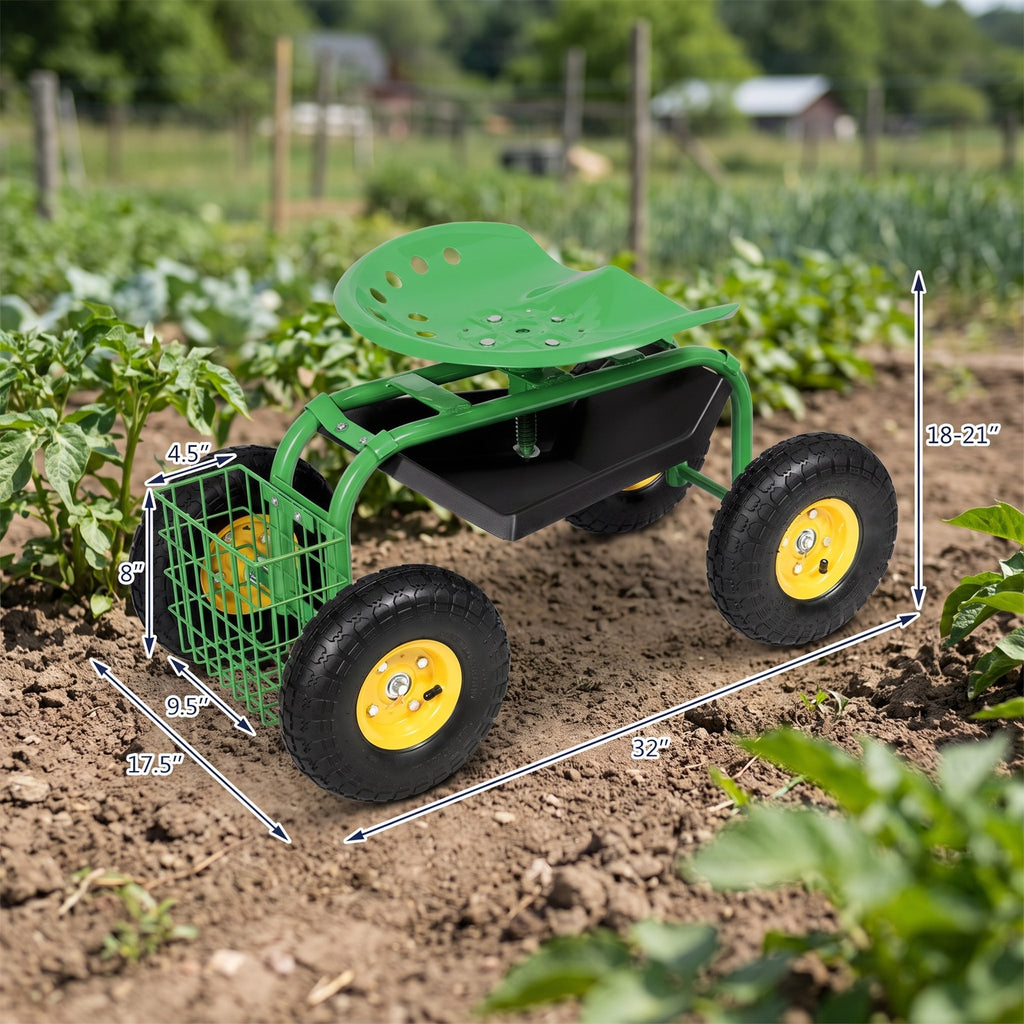 Airfind Red/Green Garden Cart Rolling Work Seat With Heavy Duty Tool Tray Gardening Planting, 33 x 16 x 22 Footprint, Green